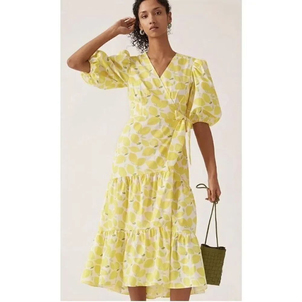 Hutch Anthropologie Maxi Wrap Dress Lemon Print Short Sleeve Tiered Size XS